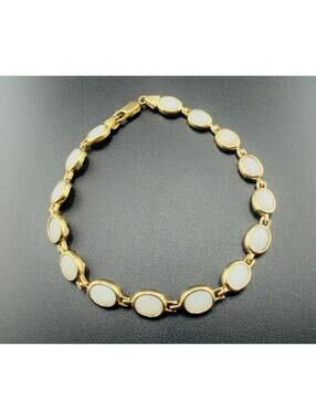 14K Gold Opal Bracelet Oval Link Station 7.5” Vintage Style